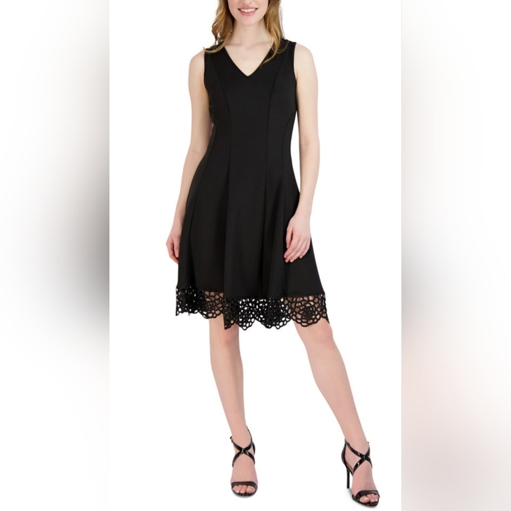 DONNA RICCO Scuba Laser Cut Lace Hem Sleeveless Black Dress | SZ 12